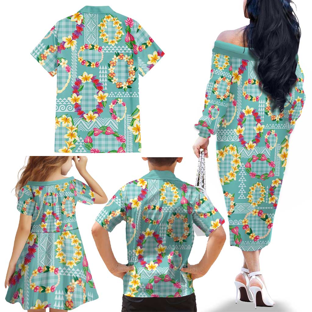 Hawaiian Leis Family Matching Off The Shoulder Long Sleeve Dress and Hawaiian Shirt Kakau Tattoos and Palaka Pastel Teal Color