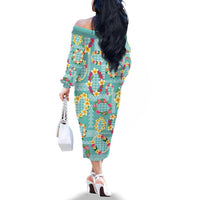 Hawaiian Leis Family Matching Off The Shoulder Long Sleeve Dress and Hawaiian Shirt Kakau Tattoos and Palaka Pastel Teal Color