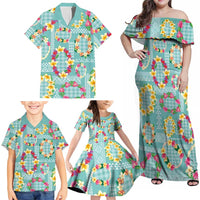 Hawaiian Leis Family Matching Off Shoulder Maxi Dress and Hawaiian Shirt Kakau Tattoos and Palaka Pastel Teal Color