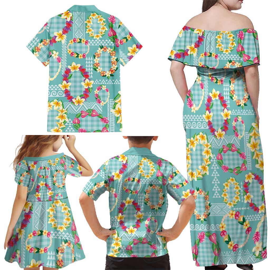 Hawaiian Leis Family Matching Off Shoulder Maxi Dress and Hawaiian Shirt Kakau Tattoos and Palaka Pastel Teal Color