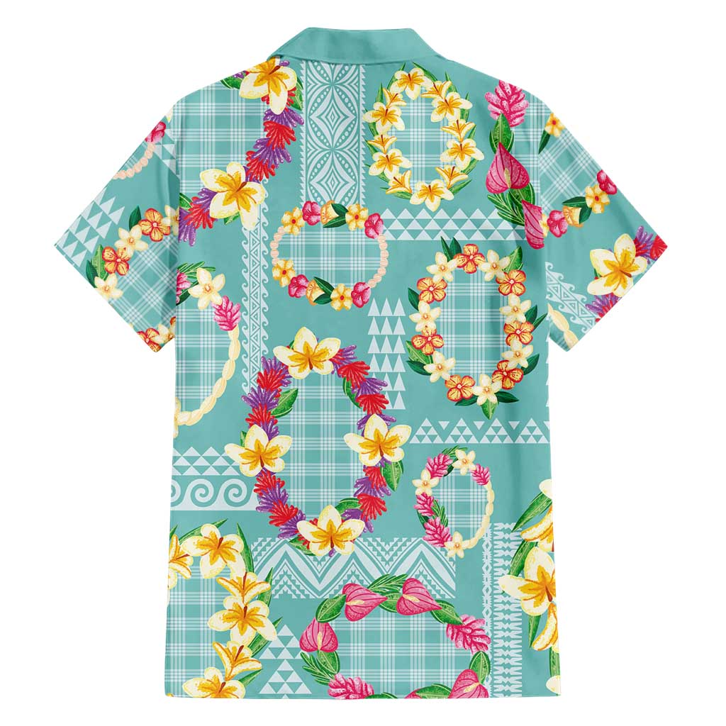 Hawaiian Leis Family Matching Off Shoulder Maxi Dress and Hawaiian Shirt Kakau Tattoos and Palaka Pastel Teal Color