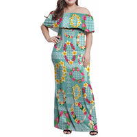 Hawaiian Leis Family Matching Off Shoulder Maxi Dress and Hawaiian Shirt Kakau Tattoos and Palaka Pastel Teal Color