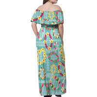 Hawaiian Leis Family Matching Off Shoulder Maxi Dress and Hawaiian Shirt Kakau Tattoos and Palaka Pastel Teal Color