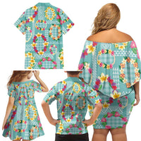 Hawaiian Leis Family Matching Off Shoulder Short Dress and Hawaiian Shirt Kakau Tattoos and Palaka Pastel Teal Color