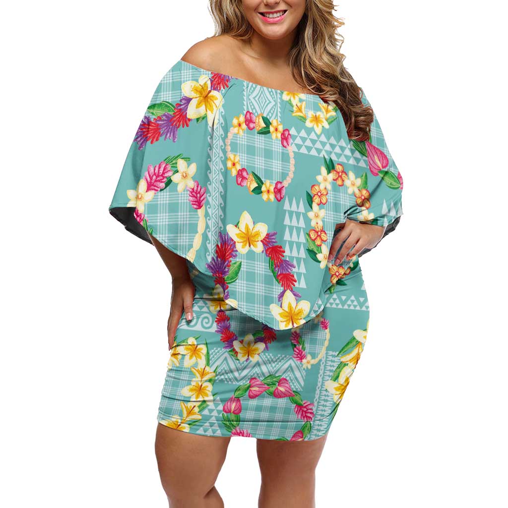 Hawaiian Leis Family Matching Off Shoulder Short Dress and Hawaiian Shirt Kakau Tattoos and Palaka Pastel Teal Color