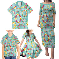 Hawaiian Leis Family Matching Puletasi and Hawaiian Shirt Kakau Tattoos and Palaka Pastel Teal Color
