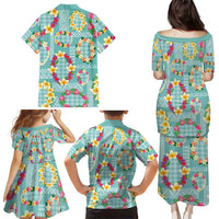Hawaiian Leis Family Matching Puletasi and Hawaiian Shirt Kakau Tattoos and Palaka Pastel Teal Color