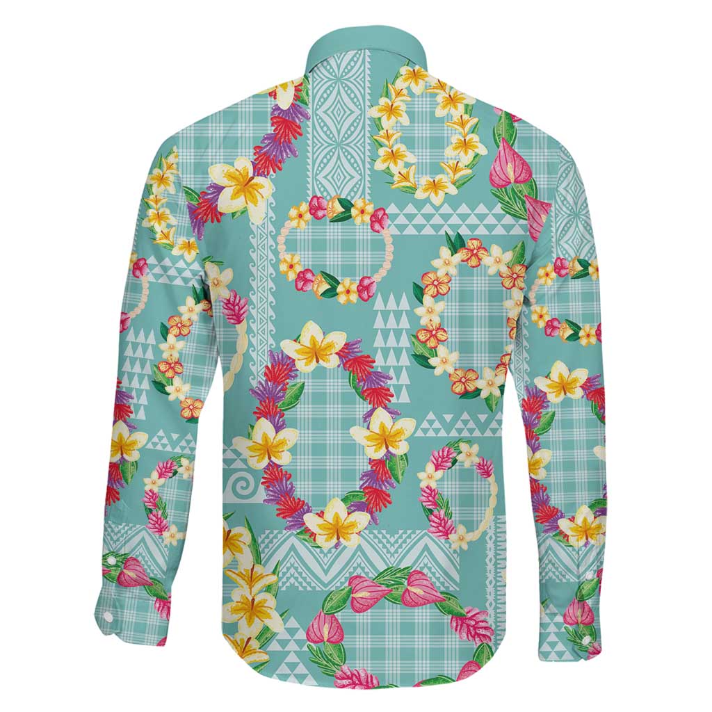 Hawaiian Leis Family Matching Short Sleeve Bodycon Dress and Hawaiian Shirt Kakau Tattoos and Palaka Pastel Teal Color