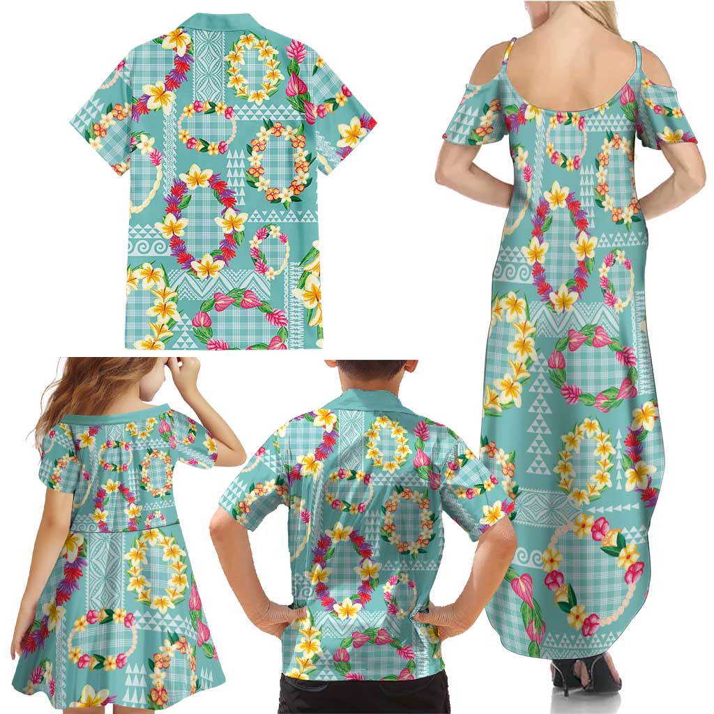 Hawaiian Leis Family Matching Summer Maxi Dress and Hawaiian Shirt Kakau Tattoos and Palaka Pastel Teal Color