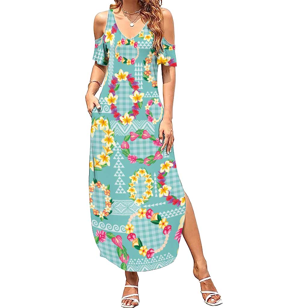 Hawaiian Leis Family Matching Summer Maxi Dress and Hawaiian Shirt Kakau Tattoos and Palaka Pastel Teal Color