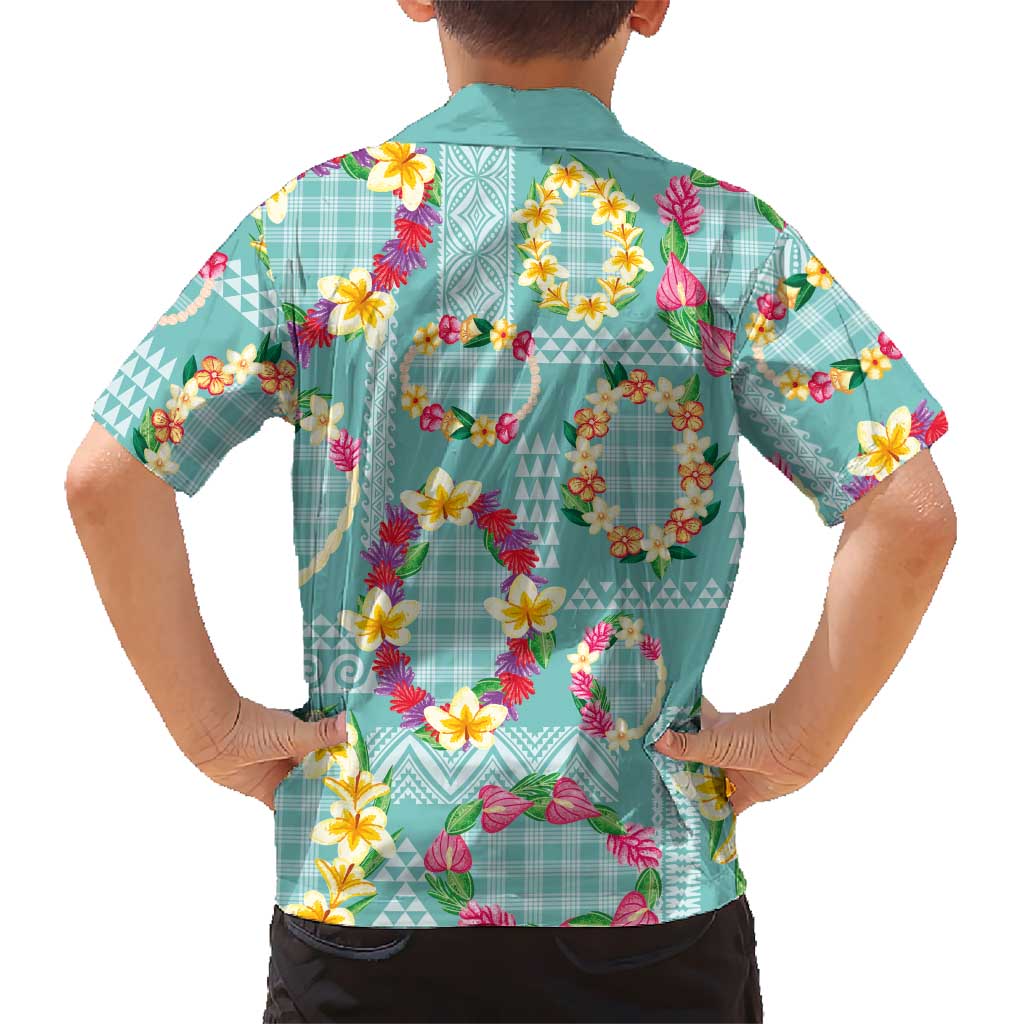 Hawaiian Leis Family Matching Tank Maxi Dress and Hawaiian Shirt Kakau Tattoos and Palaka Pastel Teal Color