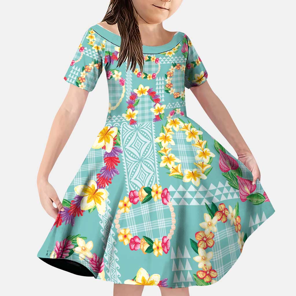 Hawaiian Leis Family Matching Tank Maxi Dress and Hawaiian Shirt Kakau Tattoos and Palaka Pastel Teal Color