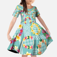 Hawaiian Leis Family Matching Tank Maxi Dress and Hawaiian Shirt Kakau Tattoos and Palaka Pastel Teal Color