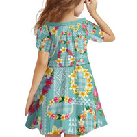 Hawaiian Leis Family Matching Tank Maxi Dress and Hawaiian Shirt Kakau Tattoos and Palaka Pastel Teal Color