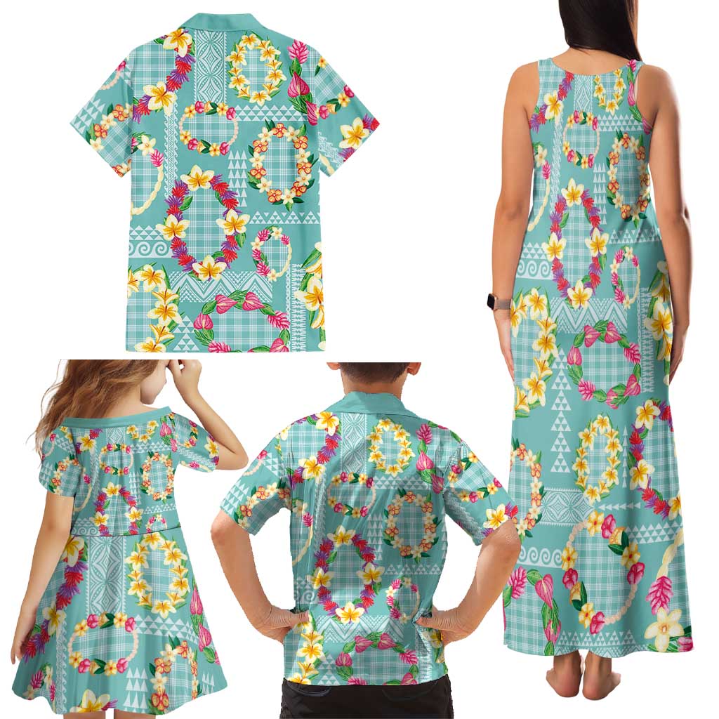 Hawaiian Leis Family Matching Tank Maxi Dress and Hawaiian Shirt Kakau Tattoos and Palaka Pastel Teal Color