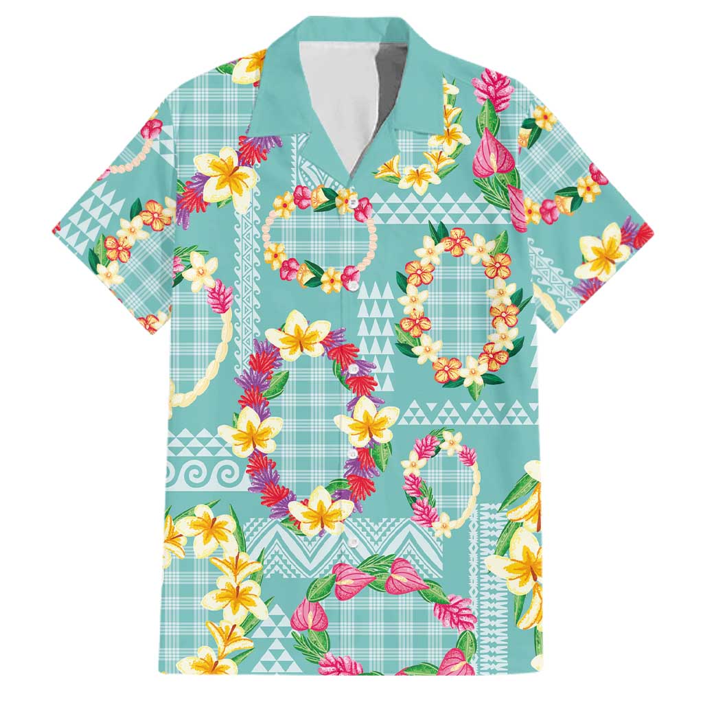 Hawaiian Leis Family Matching Tank Maxi Dress and Hawaiian Shirt Kakau Tattoos and Palaka Pastel Teal Color