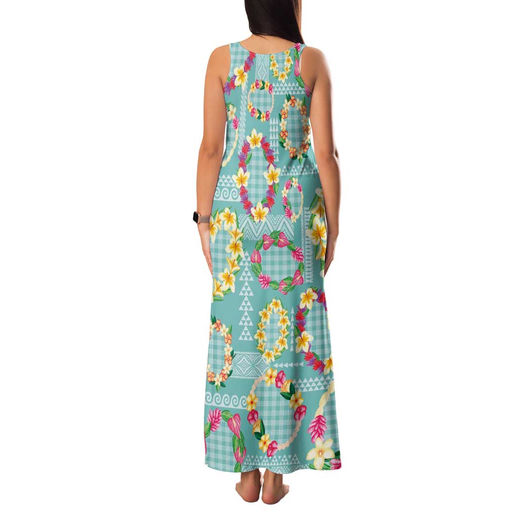 Hawaiian Leis Family Matching Tank Maxi Dress and Hawaiian Shirt Kakau Tattoos and Palaka Pastel Teal Color