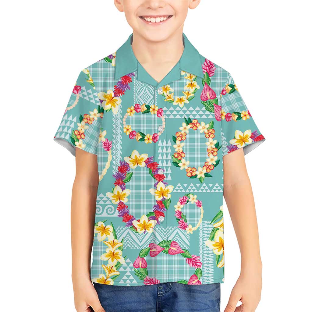 Hawaiian Leis Family Matching Tank Maxi Dress and Hawaiian Shirt Kakau Tattoos and Palaka Pastel Teal Color