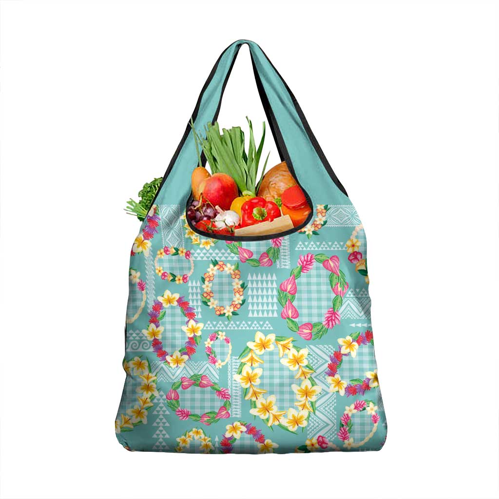 Hawaiian Leis Grocery Bag Kakau Tattoos and Palaka Pastel Teal Color