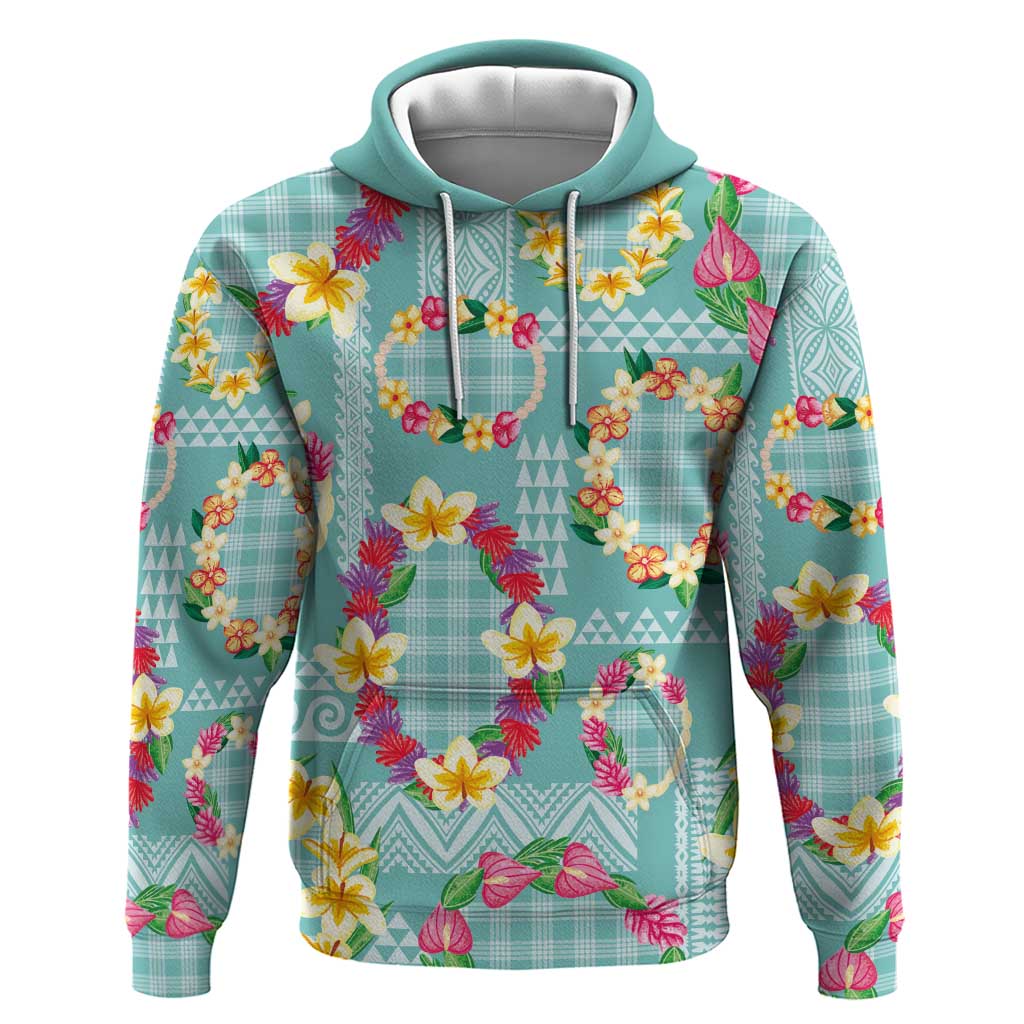 Hawaiian Leis Hoodie Kakau Tattoos and Palaka Pastel Teal Color