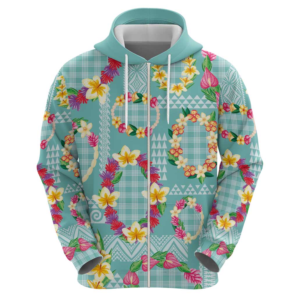Hawaiian Leis Hoodie Kakau Tattoos and Palaka Pastel Teal Color LT03 - Polynesian Pride