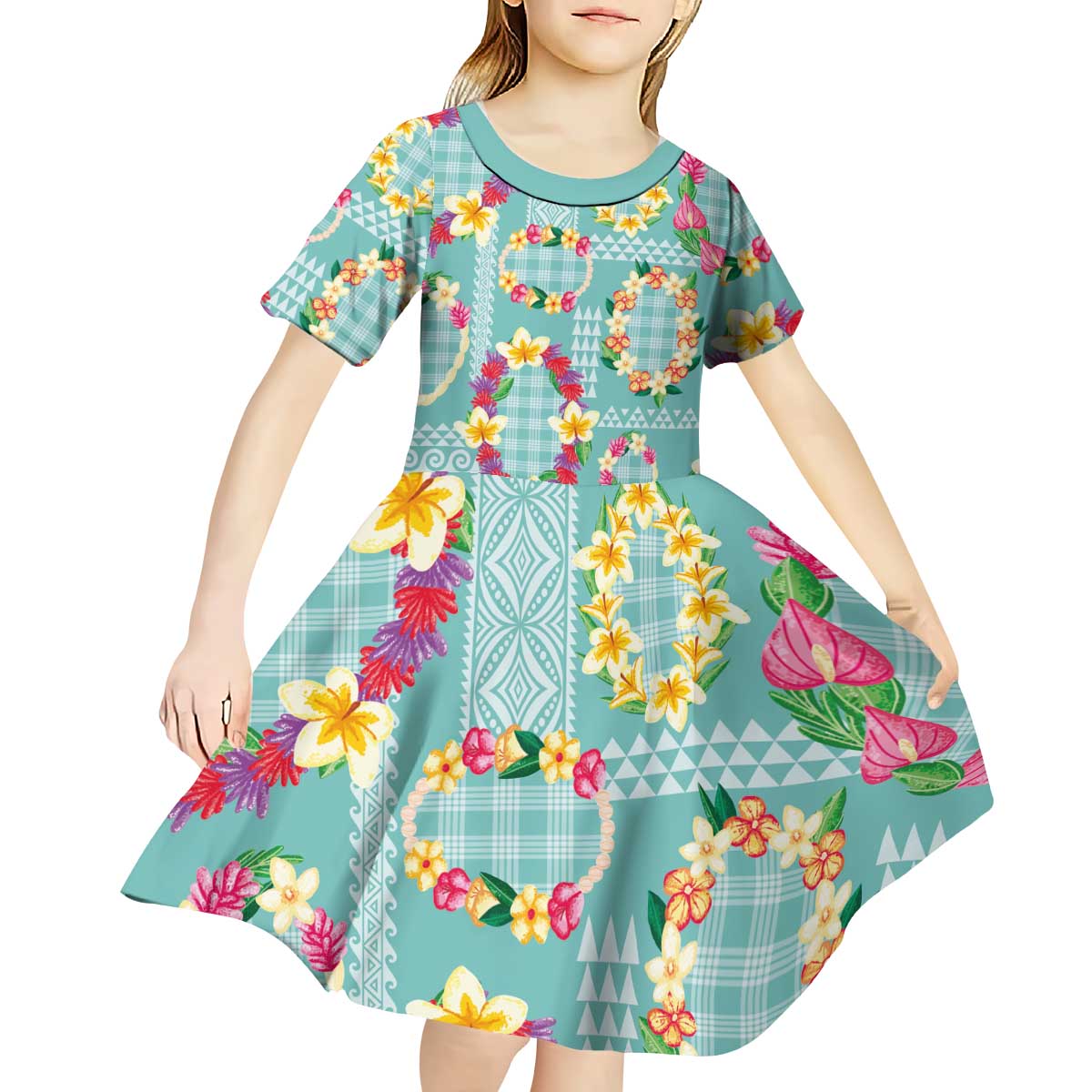 Hawaiian Leis Kid Short Sleeve Dress Kakau Tattoos and Palaka Pastel Teal Color