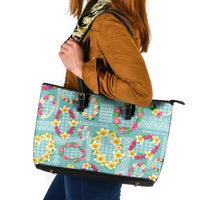 Hawaiian Leis Leather Tote Bag Kakau Tattoos and Palaka Pastel Teal Color LT03 Teal - Polynesian Pride
