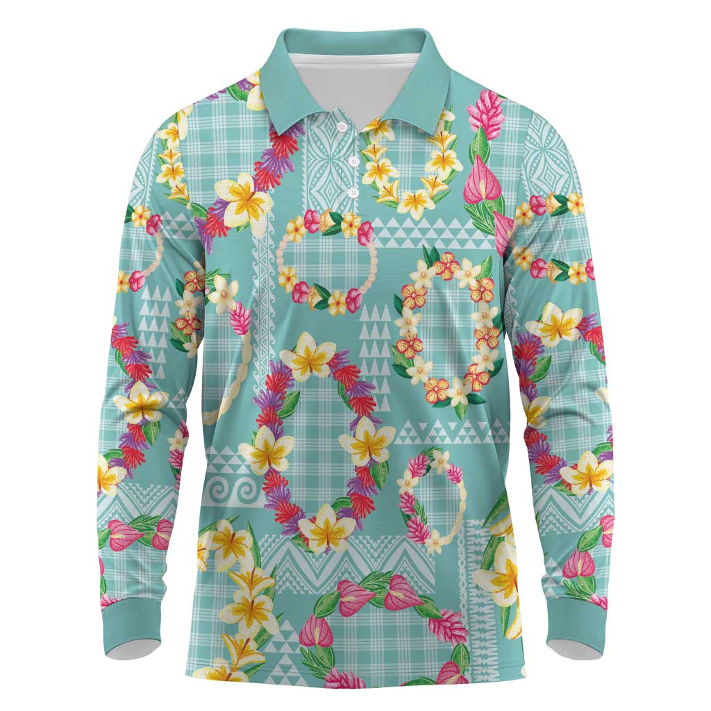 Hawaiian Leis Long Sleeve Polo Shirt Kakau Tattoos and Palaka Pastel Teal Color