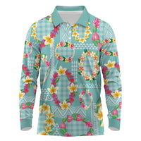 Hawaiian Leis Long Sleeve Polo Shirt Kakau Tattoos and Palaka Pastel Teal Color