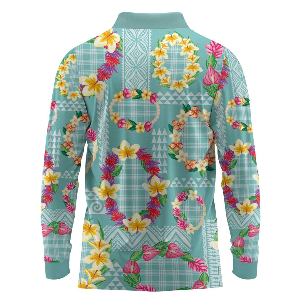 Hawaiian Leis Long Sleeve Polo Shirt Kakau Tattoos and Palaka Pastel Teal Color