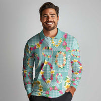 Hawaiian Leis Long Sleeve Polo Shirt Kakau Tattoos and Palaka Pastel Teal Color
