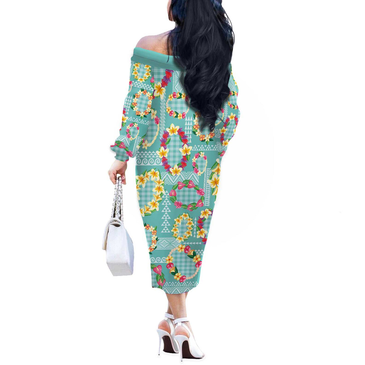 Hawaiian Leis Off The Shoulder Long Sleeve Dress Kakau Tattoos and Palaka Pastel Teal Color