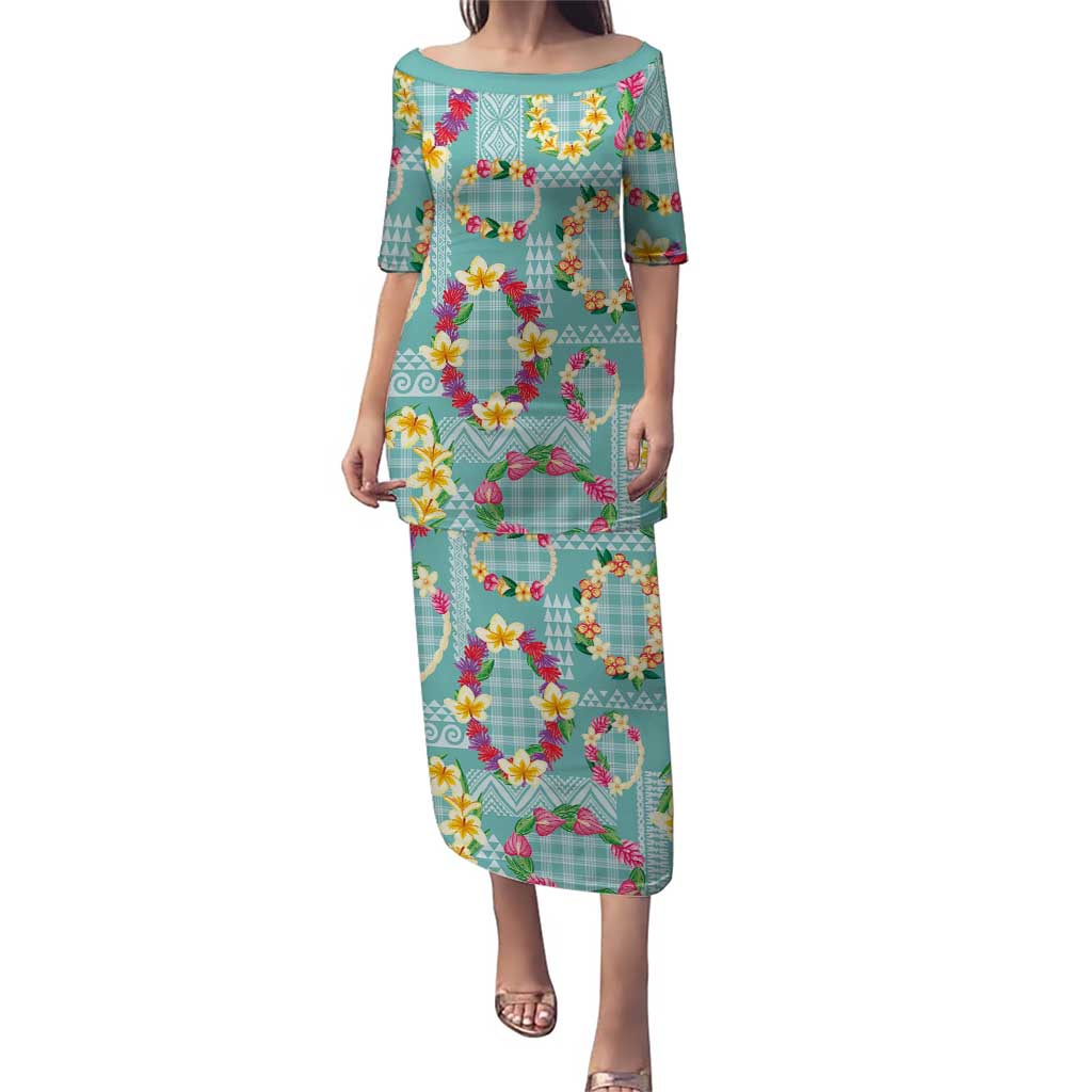 Hawaiian Leis Puletasi Kakau Tattoos and Palaka Pastel Teal Color LT03 Long Dress Teal - Polynesian Pride