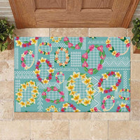 Hawaiian Leis Rubber Doormat Kakau Tattoos and Palaka Pastel Teal Color