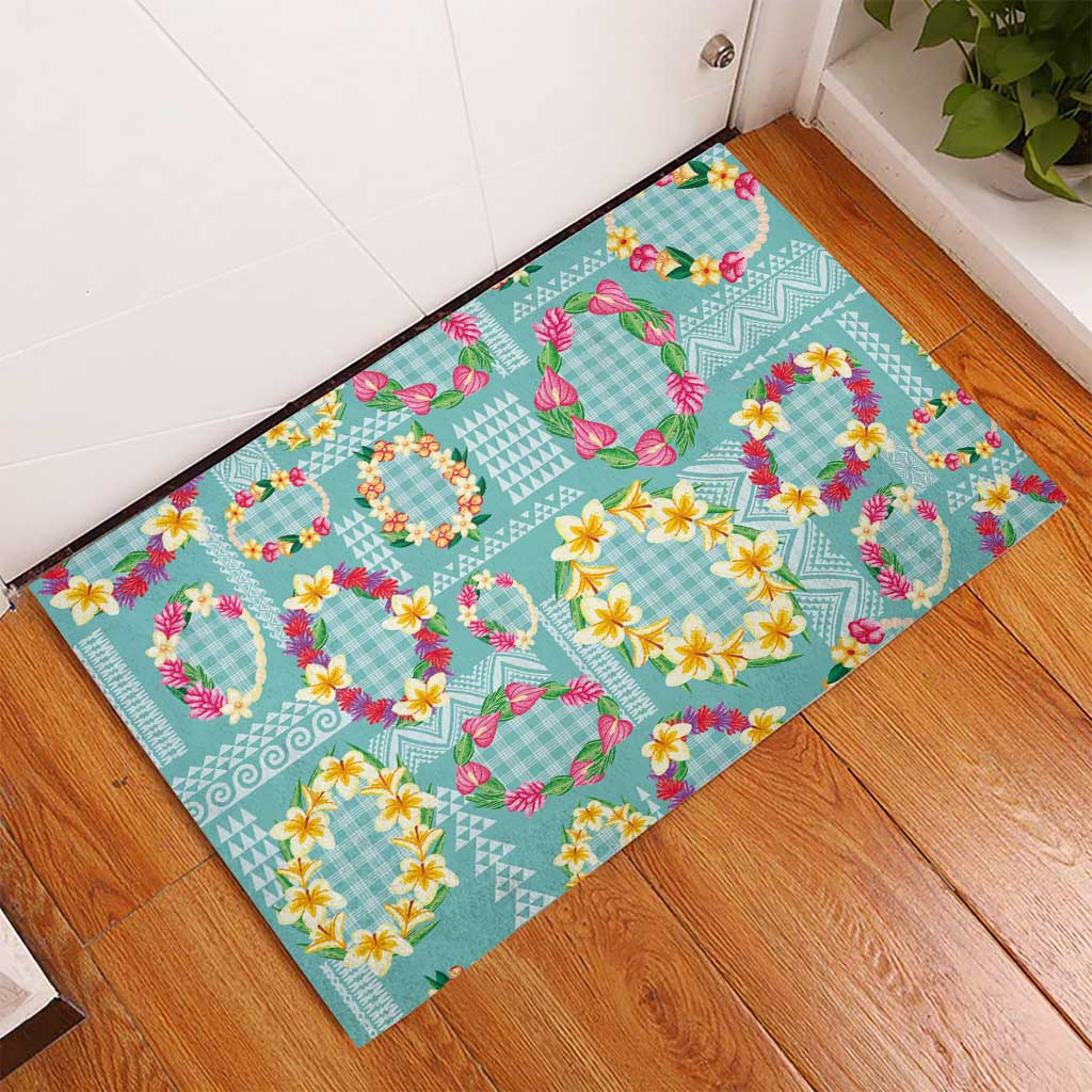 Hawaiian Leis Rubber Doormat Kakau Tattoos and Palaka Pastel Teal Color