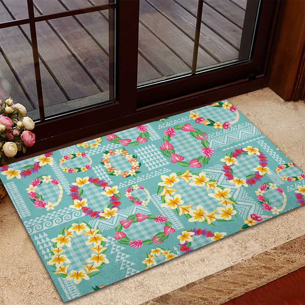 Hawaiian Leis Rubber Doormat Kakau Tattoos and Palaka Pastel Teal Color