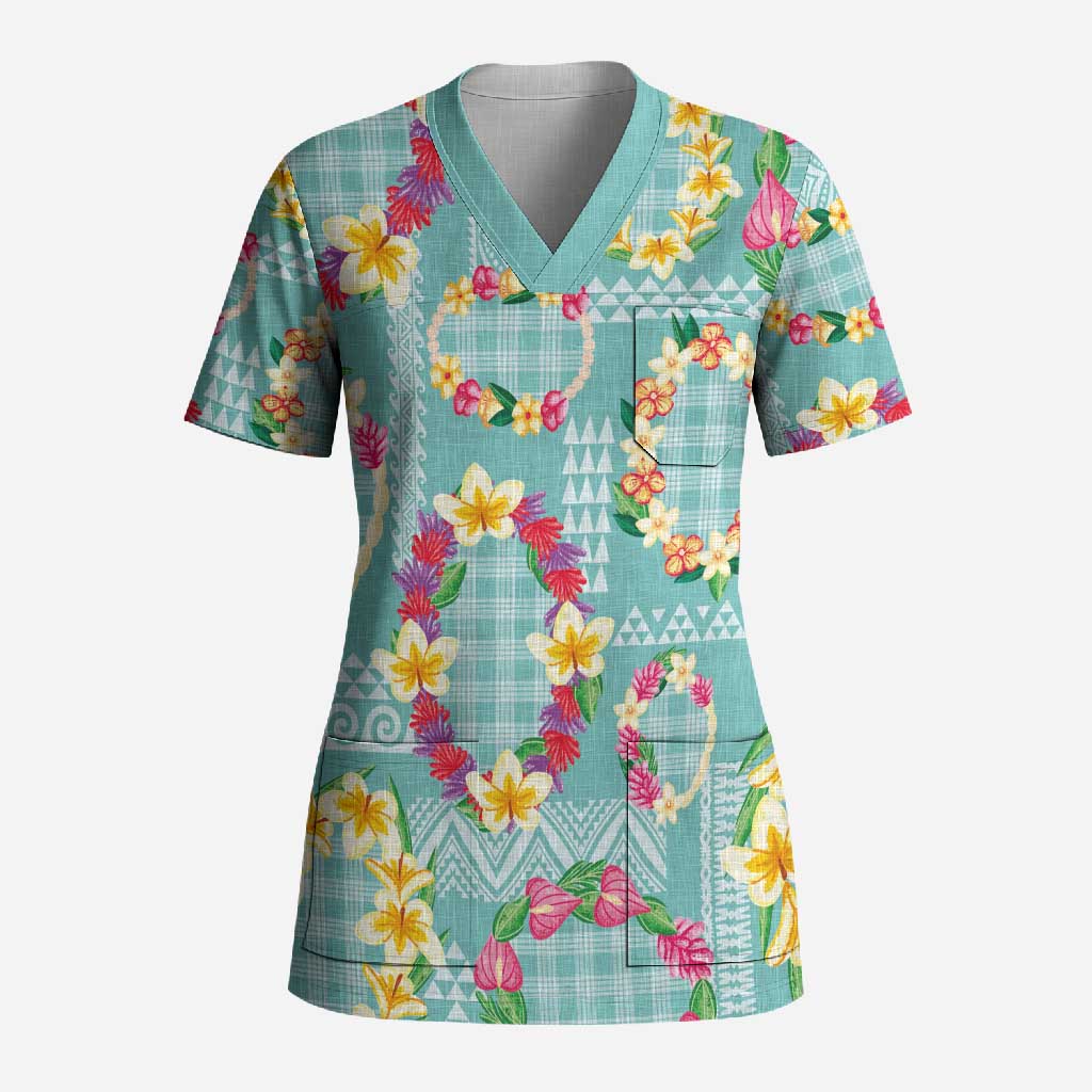 Hawaiian Leis Scrub Top Kakau Tattoos and Palaka Pastel Teal Color LT03 Adult Teal - Polynesian Pride