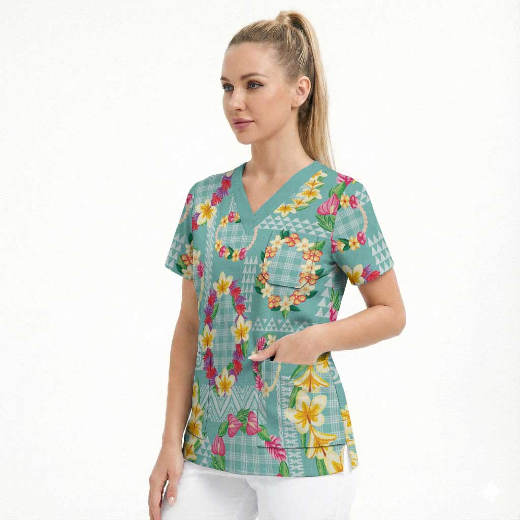 Hawaiian Leis Scrub Top Kakau Tattoos and Palaka Pastel Teal Color LT03 - Polynesian Pride