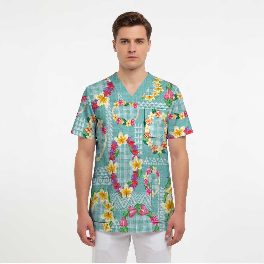 Hawaiian Leis Scrub Top Kakau Tattoos and Palaka Pastel Teal Color LT03 - Polynesian Pride