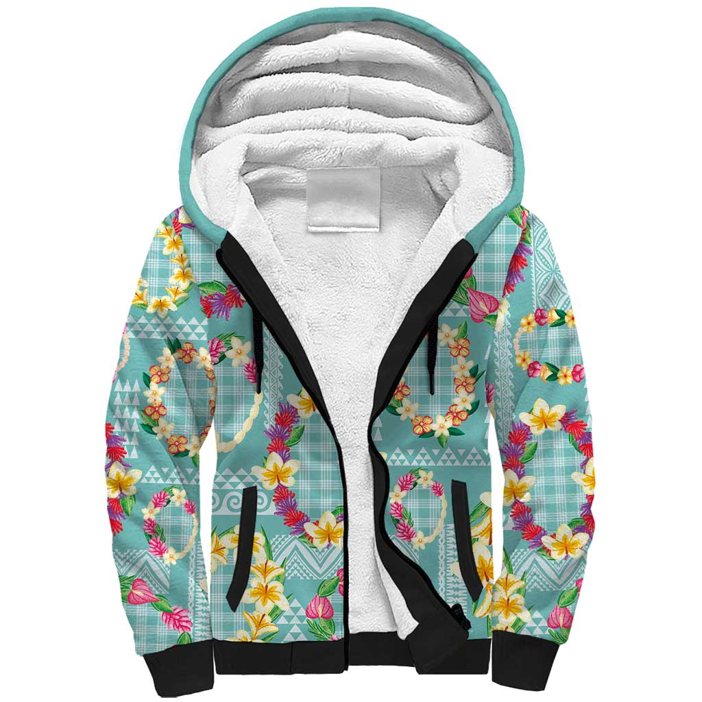 Hawaiian Leis Sherpa Hoodie Kakau Tattoos and Palaka Pastel Teal Color