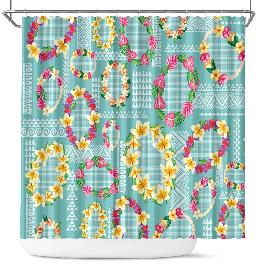 Hawaiian Leis Shower Curtain Kakau Tattoos and Palaka Pastel Teal Color