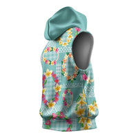 Hawaiian Leis Sleeveless Hoodie Kakau Tattoos and Palaka Pastel Teal Color