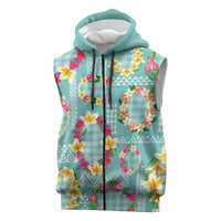 Hawaiian Leis Sleeveless Zip Hoodie Kakau Tattoos and Palaka Pastel Teal Color