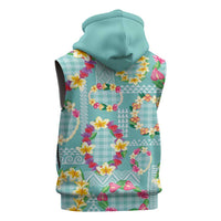 Hawaiian Leis Sleeveless Zip Hoodie Kakau Tattoos and Palaka Pastel Teal Color