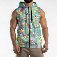 Hawaiian Leis Sleeveless Zip Hoodie Kakau Tattoos and Palaka Pastel Teal Color