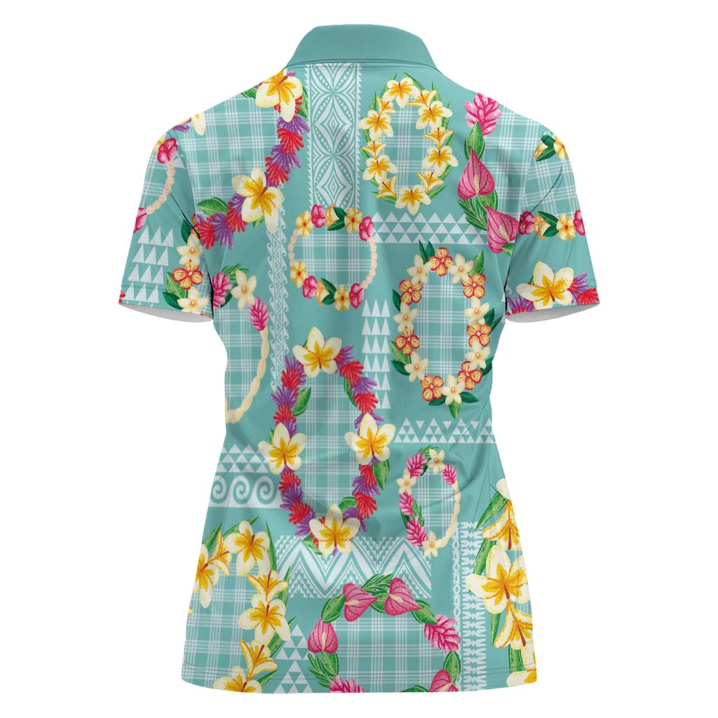 Hawaiian Leis Women Polo Shirt Kakau Tattoos and Palaka Pastel Teal Color