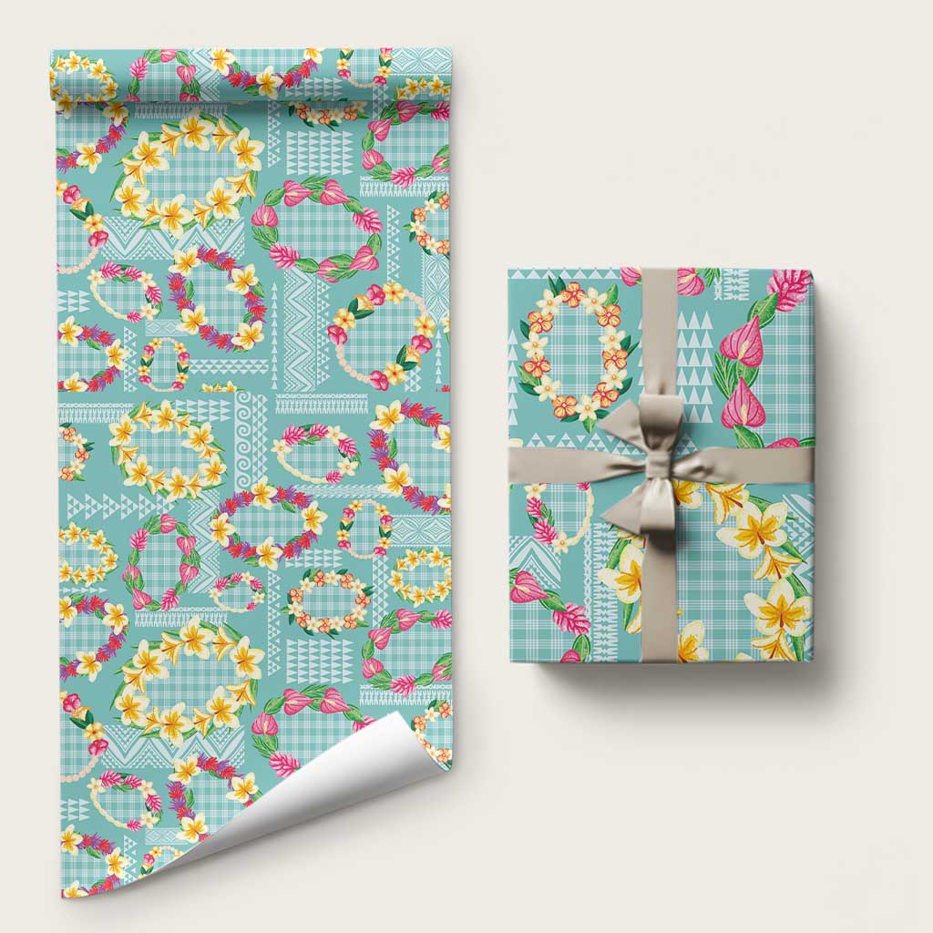 Hawaiian Leis Wrapping Paper Kakau Tattoos and Palaka Pastel Teal Color