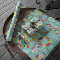 Hawaiian Leis Wrapping Paper Kakau Tattoos and Palaka Pastel Teal Color