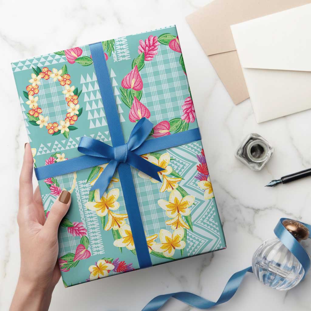 Hawaiian Leis Wrapping Paper Kakau Tattoos and Palaka Pastel Teal Color