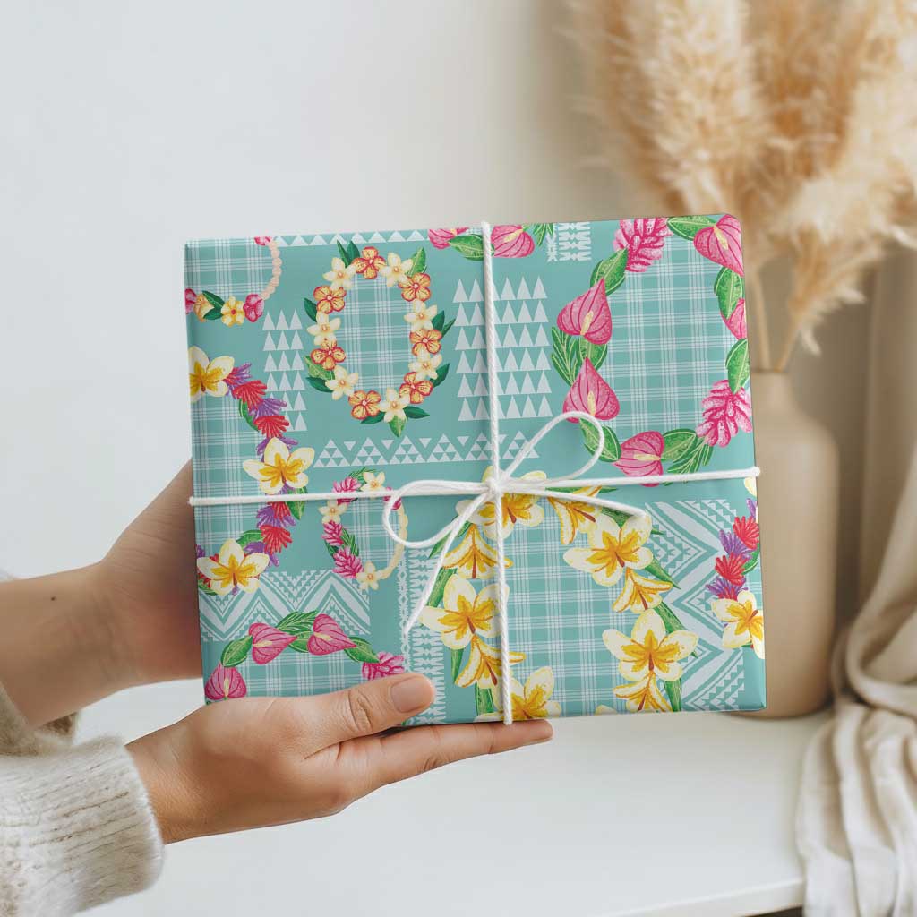 Hawaiian Leis Wrapping Paper Kakau Tattoos and Palaka Pastel Teal Color